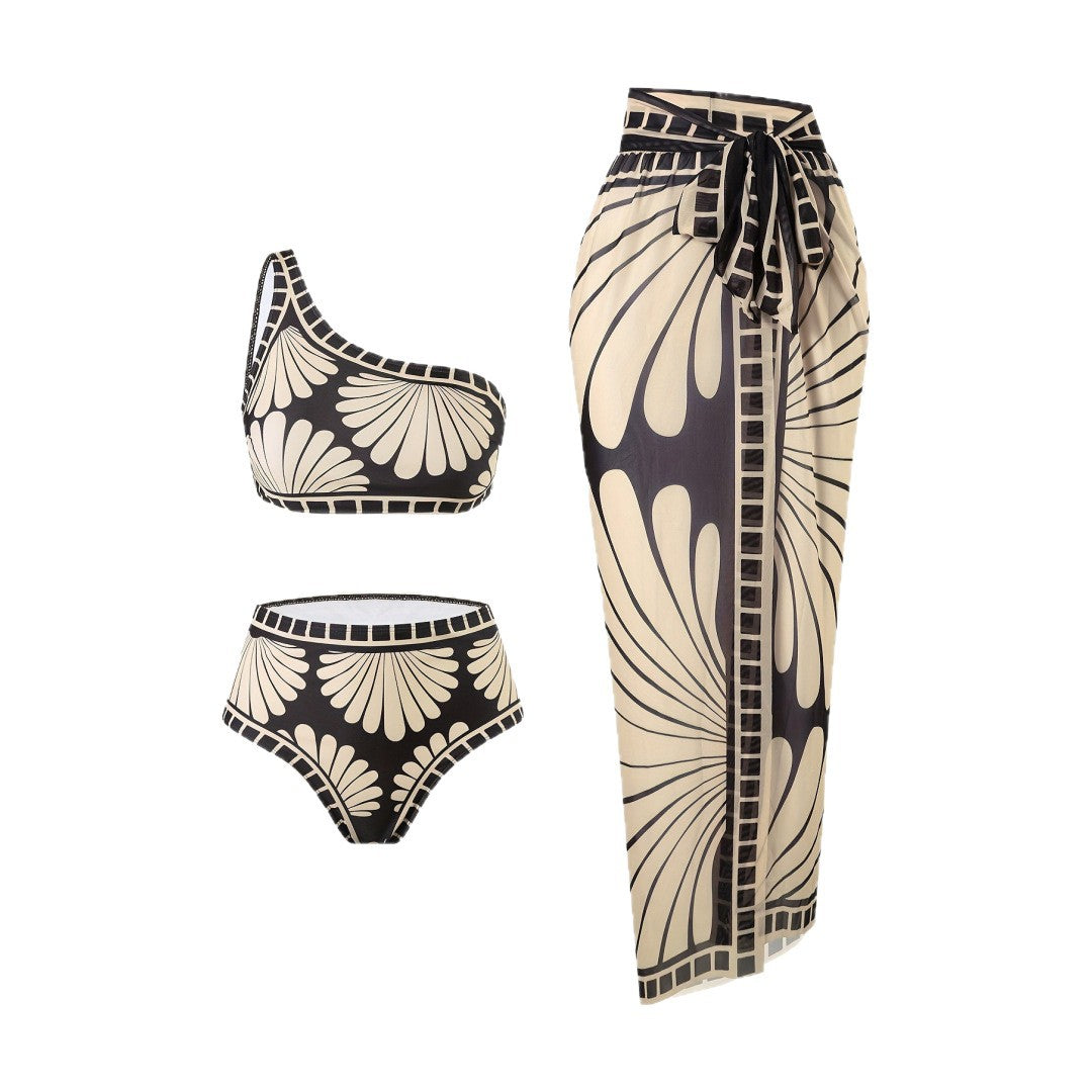 3-Delig Badpakset Dames – Bedrukt met Schuine Schouder | Bikini Top, Broekje & Rok