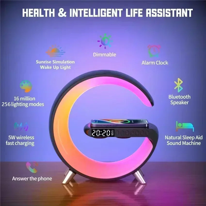 LED Smart Wake Up Light RGB Night Light with All-in-One Draadloze Oplaadstandaard met Alarm, Licht met Bluetooth-luidspreker