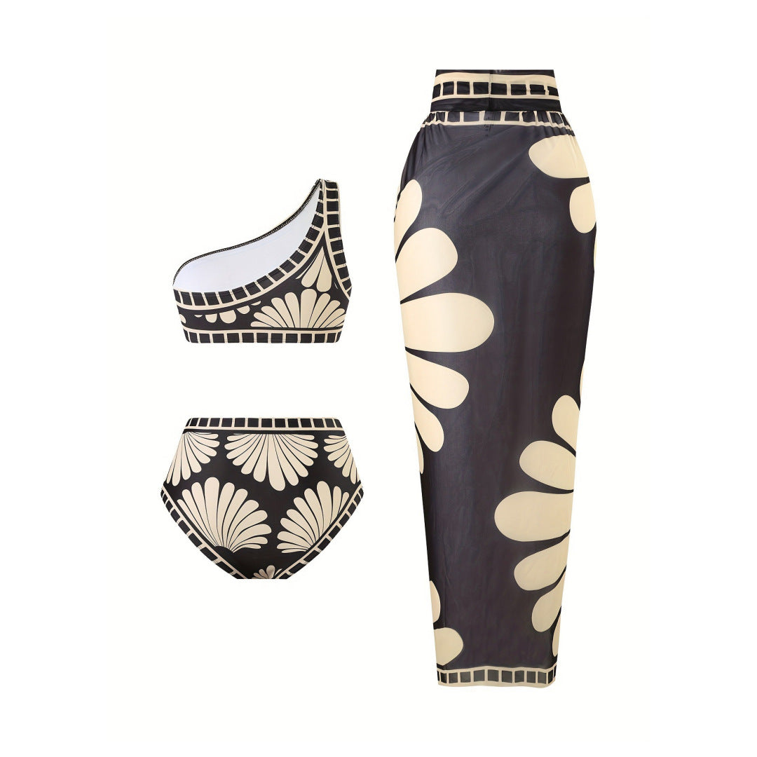 3-Delig Badpakset Dames – Bedrukt met Schuine Schouder | Bikini Top, Broekje & Rok