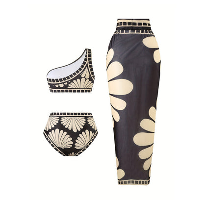 3-Delig Badpakset Dames – Bedrukt met Schuine Schouder | Bikini Top, Broekje & Rok