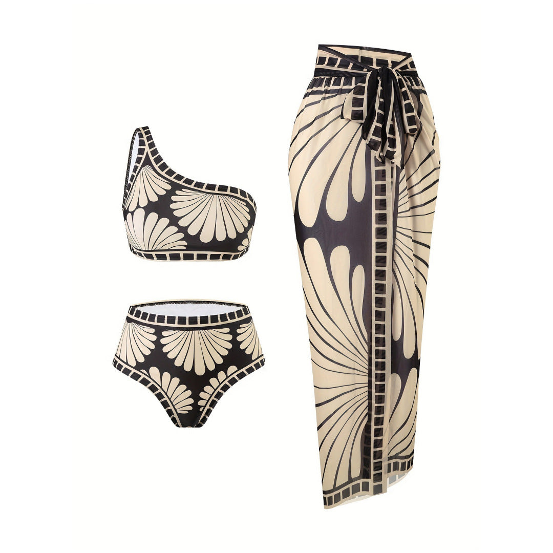 3-Delig Badpakset Dames – Bedrukt met Schuine Schouder | Bikini Top, Broekje & Rok