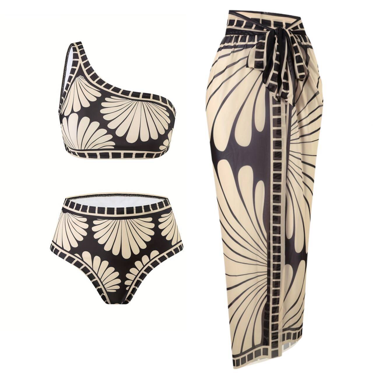 3-Delig Badpakset Dames – Bedrukt met Schuine Schouder | Bikini Top, Broekje & Rok