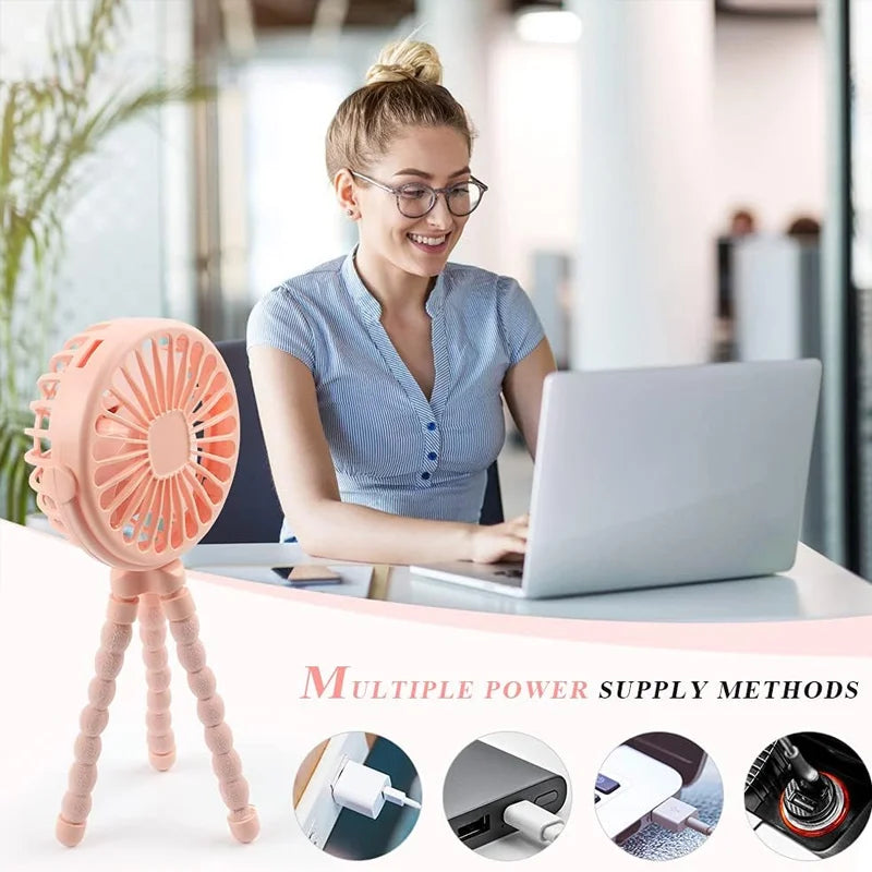 Draagbare Tripod Ventilator – 360° Instelbaar, USB Oplaadbaar, Stil & Compact