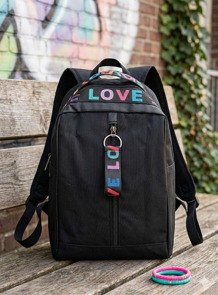 Love Vibes Rugtas - Casual Zwarte Schooltas - Multi-Color