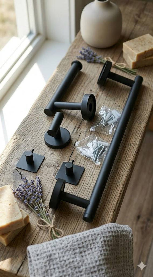 Titan Series 5-delige badkamer set mat zwart RVS – detail aanzicht